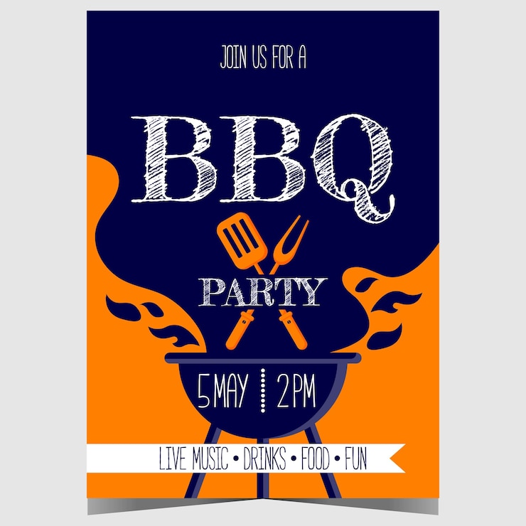 Vector afiche de invitación a una fiesta de barbacoa con parrilla llena de llamas y humo de carbón
