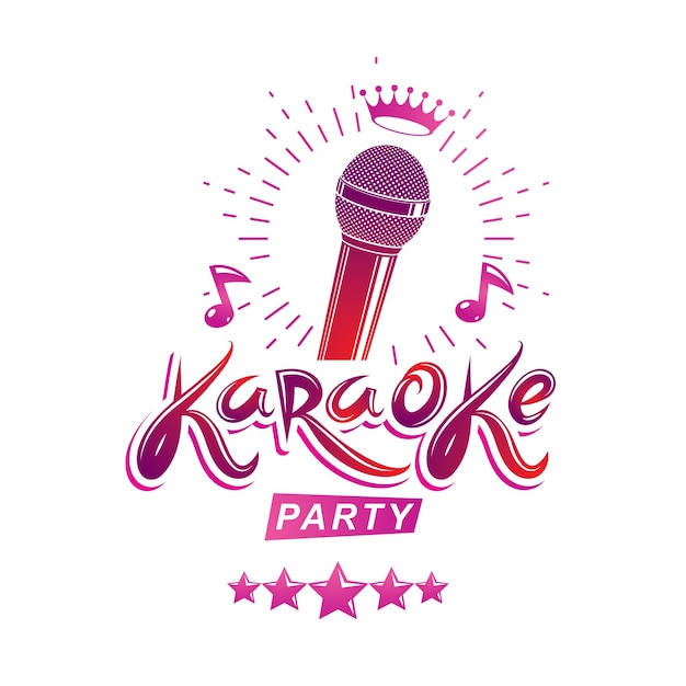 Afiche de invitación a la fiesta de karaoke, folleto publicitario de conciertos vectoriales de música en vivo compuesto con micrófono de escenario o grabador y notas musicales.