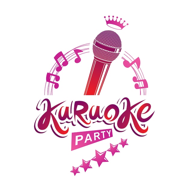 Afiche de invitación a la fiesta de karaoke, folleto publicitario de conciertos vectoriales de música en vivo compuesto con micrófono de escenario o grabador y notas musicales.