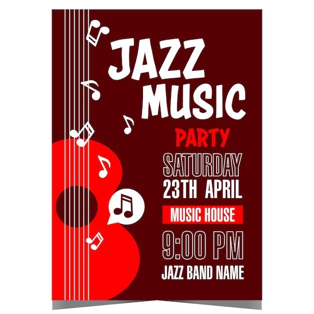 Afiche de invitación a una fiesta de música jazz con guitarra roja y notas musicales blancas sobre fondo negro