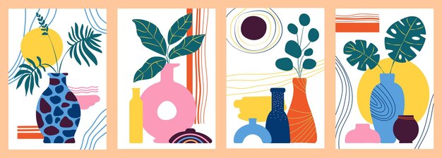 Afiche de jarrones abstractos Formas de jarrones tarjetas mínimas de arte con flores y plantas tropicales Naturaleza contemporánea banner estética fondo vectorial decente