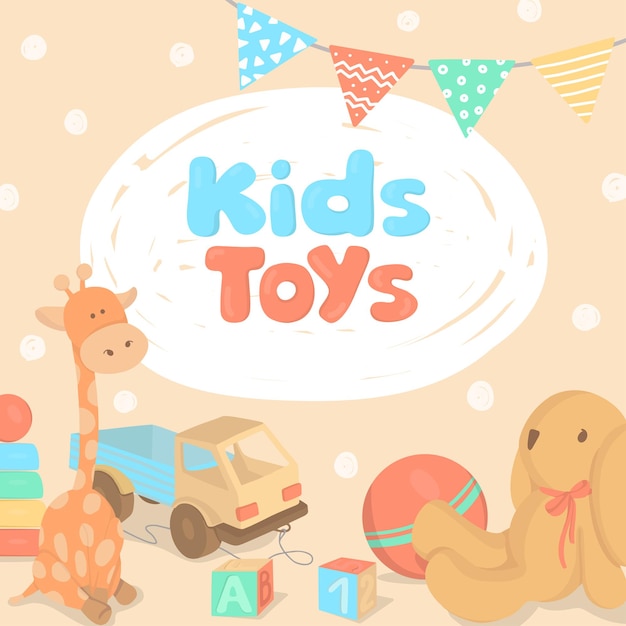 Afiche con juguetes para niños y un lugar para tu texto.