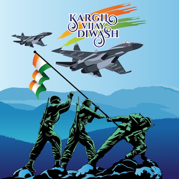 Vector afiche de kargil vijay diwas con bandera de asimiento ilustración del ejército indio