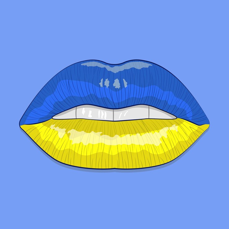 Vector afiche con labios femeninos en los colores de la bandera ucraniana quédate con ucrania no a la guerra
