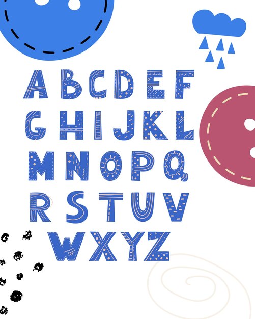 Afiche con las letras del alfabeto inglés al estilo de dibujo infantil