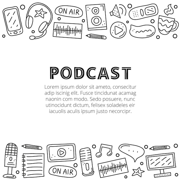 Afiche con letras e íconos de podcast de contorno de garabatos