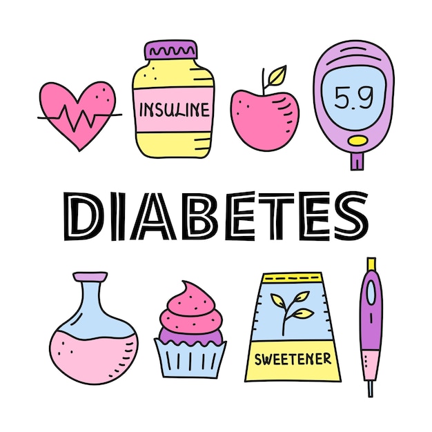 Afiche con letras y elementos de diabetes coloreados con garabatos