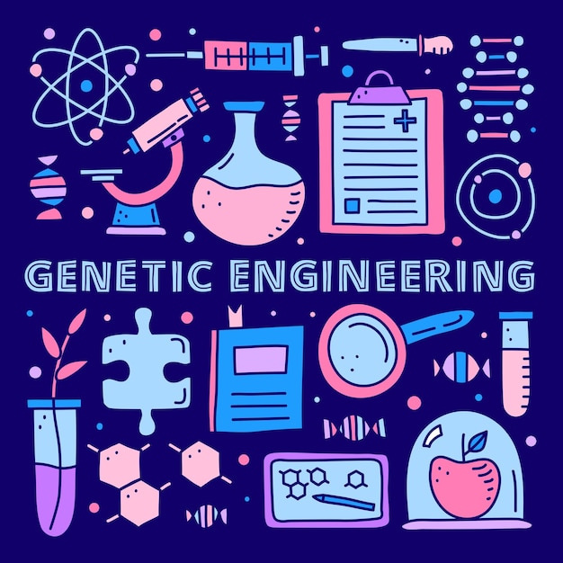 Afiche con letras y garabatos coloridos íconos de ingeniería genética aislados en fondo oscuro