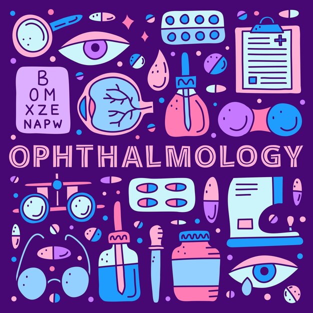 Afiche con letras y garabatos coloridos íconos de oftalmología aislados en fondo oscuro