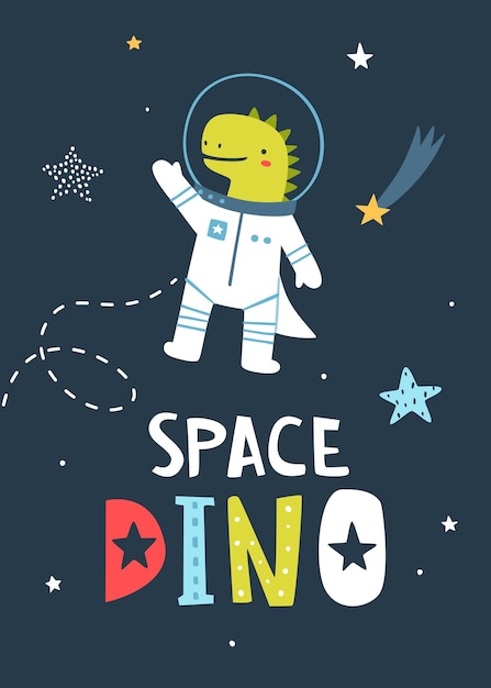 Vector afiche con lindo dino astronauta en el espacio ultraterrestre