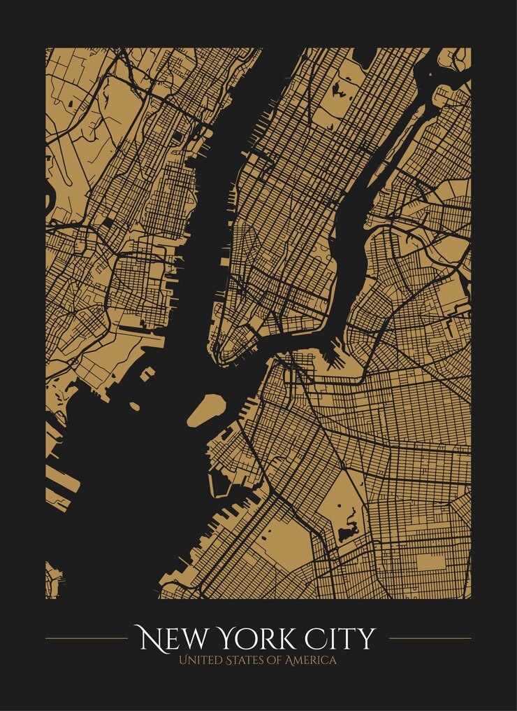 Afiche de mapa decorativo de la ciudad de Nueva York o plantilla de diseño de tarjeta o lienzo con silueta de mapa de Nueva York dorada sobre fondo negro Vector eps 10 ilustración