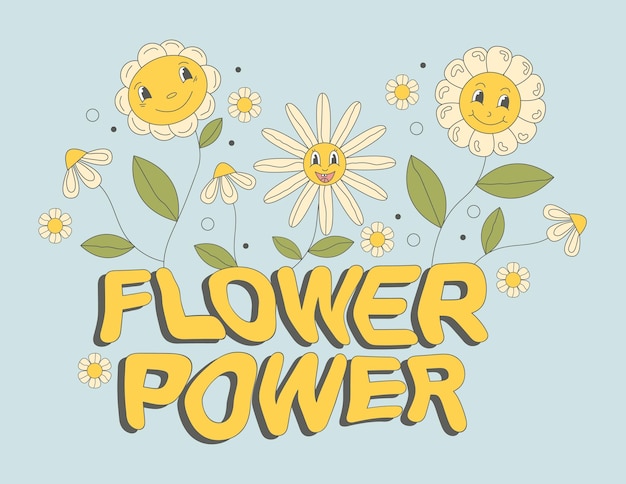 Afiche maravilloso con margaritas de flores hippies y texto flower power sobre fondo retro en fla de los años 60 y 70