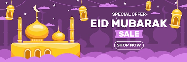 Vector afiche morado con motivo de eid mubarak.