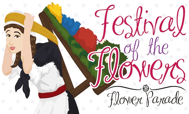 Afiche con mujer portando una tradicional silleta para la fiesta de las flores escrito en español