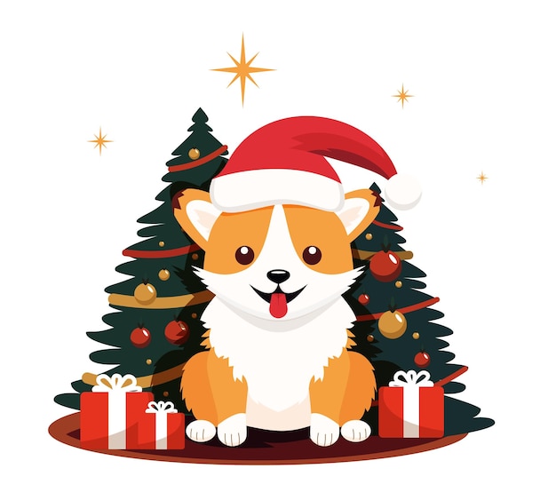 Afiche navideño con un retrato de un perro con sombrero de Papá Noel Corgi Ilustración vectorial aislada