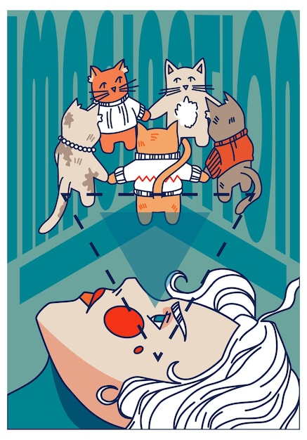 Vector afiche con una niña y gatos. ilustración conceptual de la imaginación