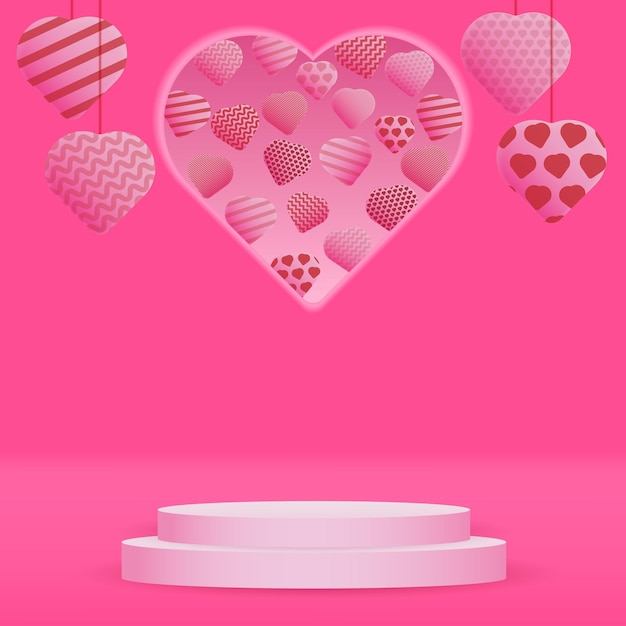 Vector afiche o pancarta del día de san valentín con globos de corazón gran corazón y fondo de exhibición de productos de podio