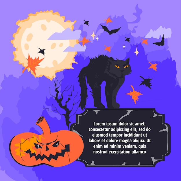 Afiche o pancarta de halloween con gato negro y calabaza sobre fondo morado
