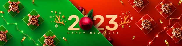 Afiche o pancarta de promoción de Año Nuevo 2023 con caja de regalo y elemento navideño para Retail