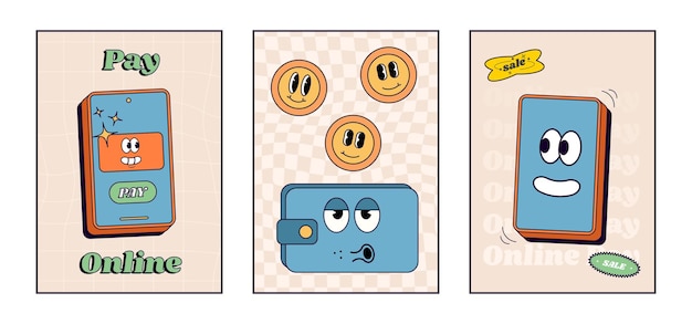 Afiche de pago en línea Estilo de dibujos animados antiguos Finanzas de transferencia de dinero en línea Colección de afiches geniales brillantes Afiche retro de los años 70 aislado
