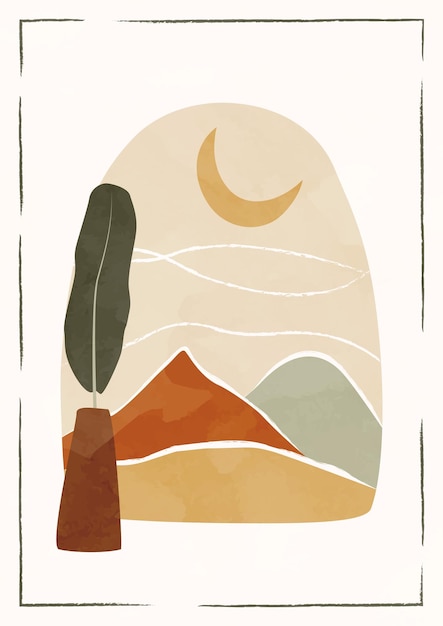 Afiche de paisaje minimalista abstracto moderno. Montañas y luna. Tonos terrestres.