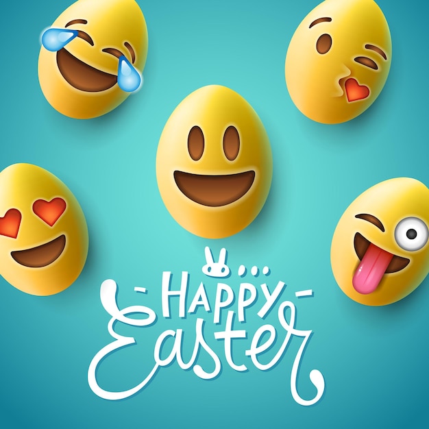 Afiche de Pascua feliz, huevos de Pascua con lindas caras emoji sonrientes, imagen vectorial