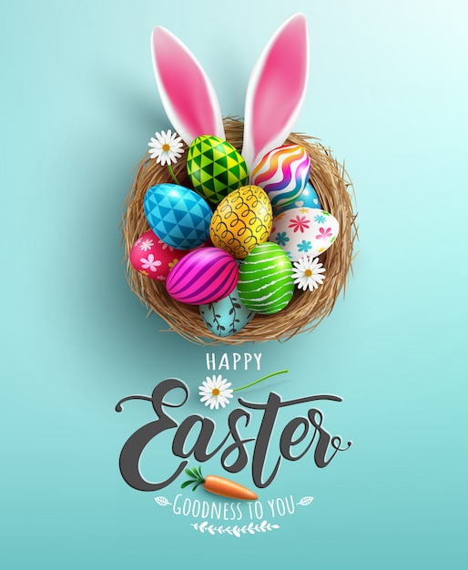 Afiche de Pascua y plantilla de banner con huevos de Pascua en el nido
