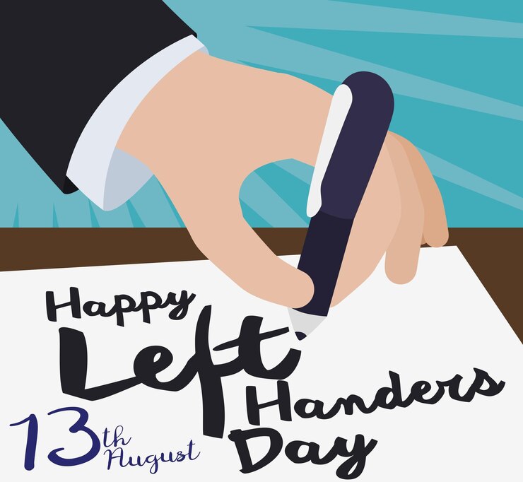Vector afiche plano con una elegante mano escribiendo en papel con un bolígrafo un mensaje de saludo para el día de los zurdos