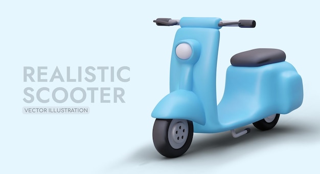 Afiche publicitario para la empresa de alquiler y venta de transporte electrónico Colorido scooter 3d realista sobre fondo azul Concepto de transporte de vehículos ecológicos Ilustración vectorial en estilo de dibujos animados