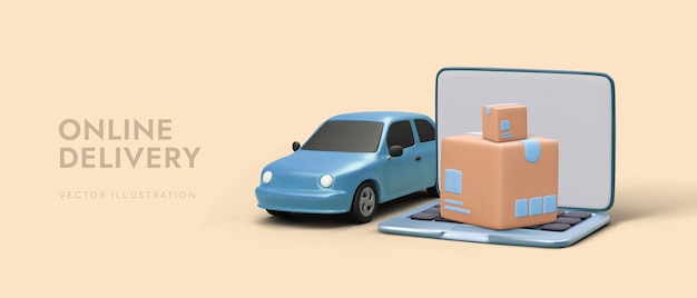 Afiche publicitario para empresa de entrega en línea con cajas y portátiles de coche de dibujos animados en 3d