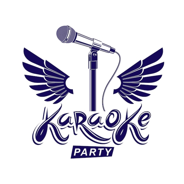 Vector afiche publicitario de la fiesta de karaoke, folleto de conciertos vectoriales de música en vivo compuesto con micrófono de escenario y alas. siéntete como una estrella.