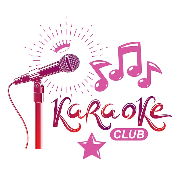 Vector afiche publicitario de karaoke de club nocturno compuesto por ilustración de vector de micrófono de escenario o grabadora y notas musicales. anuncio de publicidad de rendimiento de superestrella.