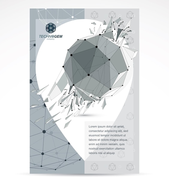 Afiche publicitario de tecnologías de la comunicación. Objeto facetado geométrico monocromático poligonal 3d, elemento de diseño abstracto vectorial con restos.