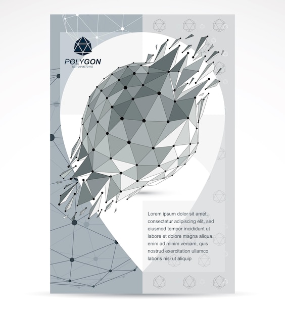 Afiche publicitario de tecnologías de la comunicación. Objeto facetado geométrico monocromático poligonal 3d, elemento de diseño abstracto vectorial con restos.