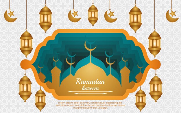 Afiche de ramadan kareem con una mezquita y estrellas.