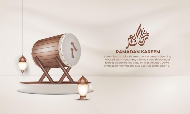 Afiche de ramadán kareem con un tambor y una lámpara sobre un fondo marrón