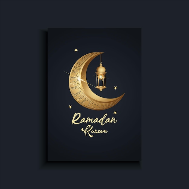 Un afiche para el ramadán y el ramadán con una luna creciente dorada y una linterna.