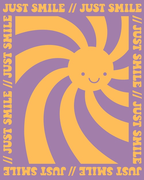 Afiche retro de los años 70 con cara sonriente en fondo de sol de arco iris hippie impresión vectorial con eslogan just smile para afiche de pegatina de camiseta