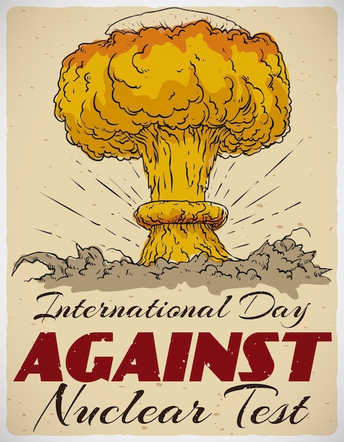 Afiche retro para el día internacional contra las pruebas nucleares en estilo dibujado a mano con nube de hongo