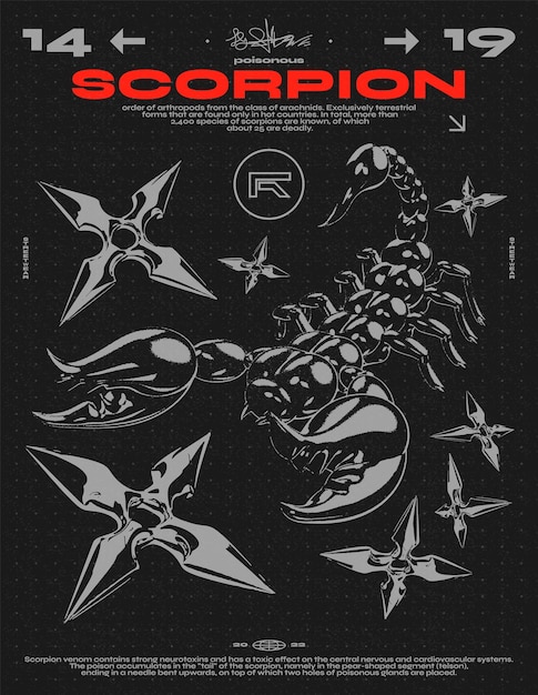 Afiche retro futurista con escorpión y shurikens estampado abstracto para ropa de calle