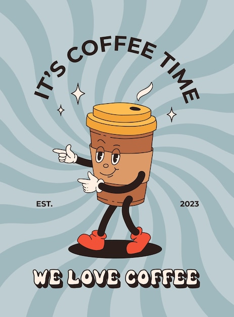 Afiche retro con personajes de dibujos animados de la mascota del café divertidos personajes coloridos estilo garabato capuchino cacao latte espresso Ilustración vectorial con elementos tipográficos