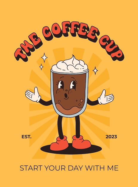 Afiche retro con personajes de dibujos animados de la mascota del café divertidos personajes coloridos estilo garabato capuchino cacao latte espresso Ilustración vectorial con elementos tipográficos