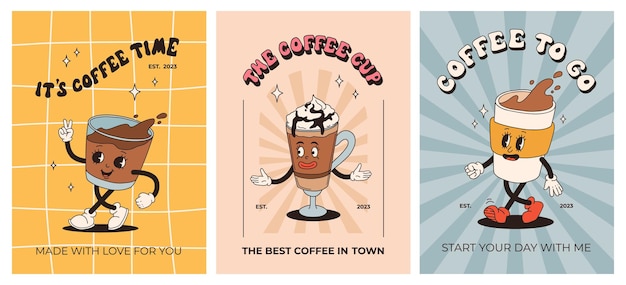 Vector afiche retro con personajes de dibujos animados de la mascota del café personajes divertidos y coloridos estilo garabato capuchino cacao latte espresso matcha bobba personajes maravillosos vectoriales sobre fondo colorido