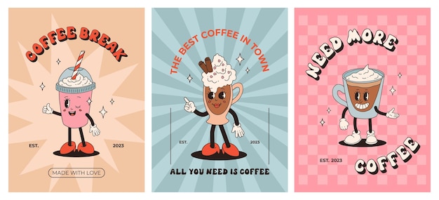 Afiche retro con personajes de dibujos animados de la mascota del café personajes divertidos y coloridos estilo garabato capuchino cacao latte espresso matcha bobba Personajes maravillosos vectoriales sobre fondo colorido