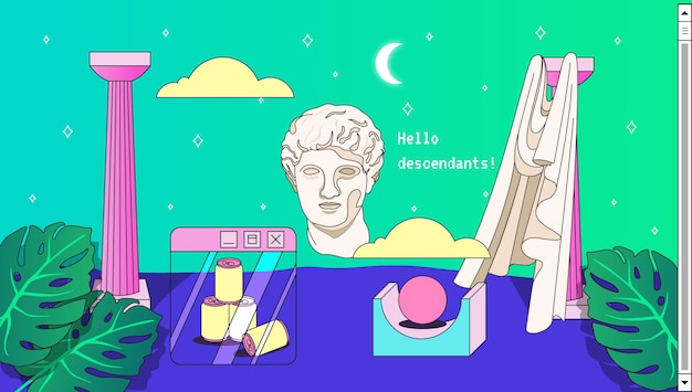 Afiche retro de vaporwave con elementos de interfaz de usuario y estatua antigua romana de dibujos animados