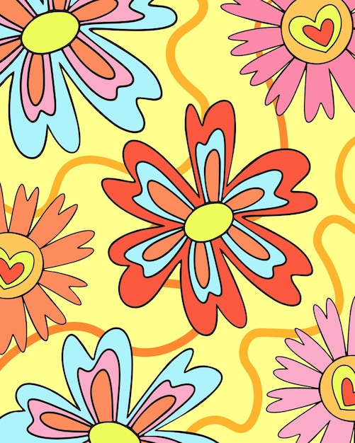 Afiche retro vintage con flores primitivas de estilo retro vibrante
