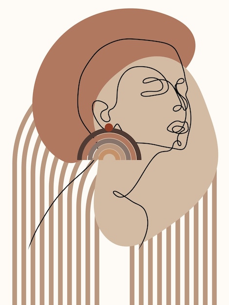 Afiche con rostro femenino abstracto de una línea con formas geométricas y manchas