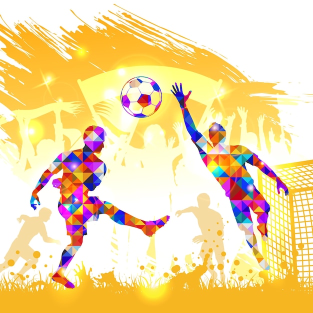 Afiche silueta jugador de fútbol victoria golpe portero y balón de fútbol en patrón de triángulo de mosaico fans con carteles sobre fondo grunge ilustración vectorial