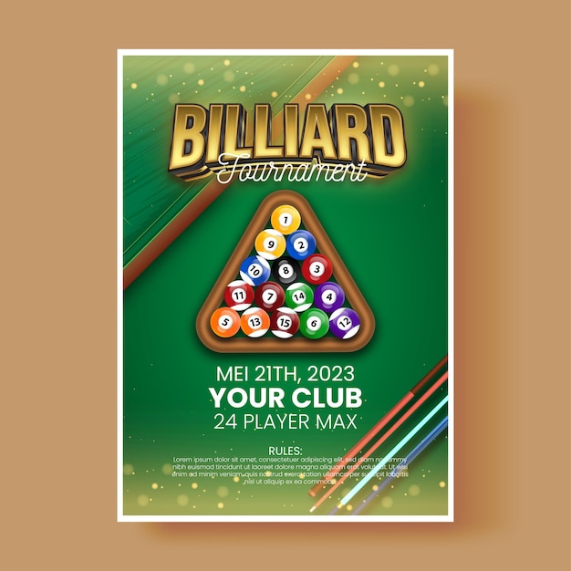 Afiche del torneo vectorial de billar con bolas y palos de billar