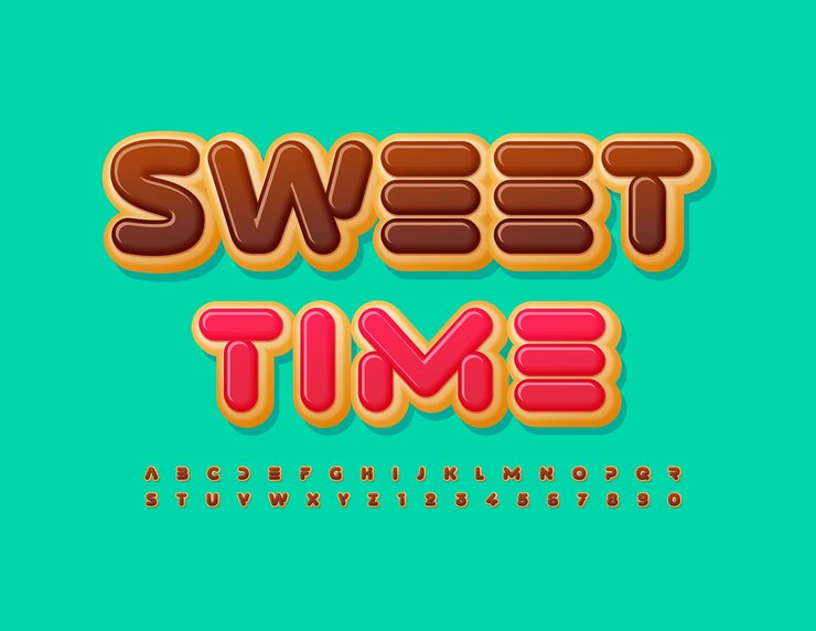 Vector afiche único vectorial sweet time. fuente choco abstracta. juego de letras y números del alfabeto de pastel de donut